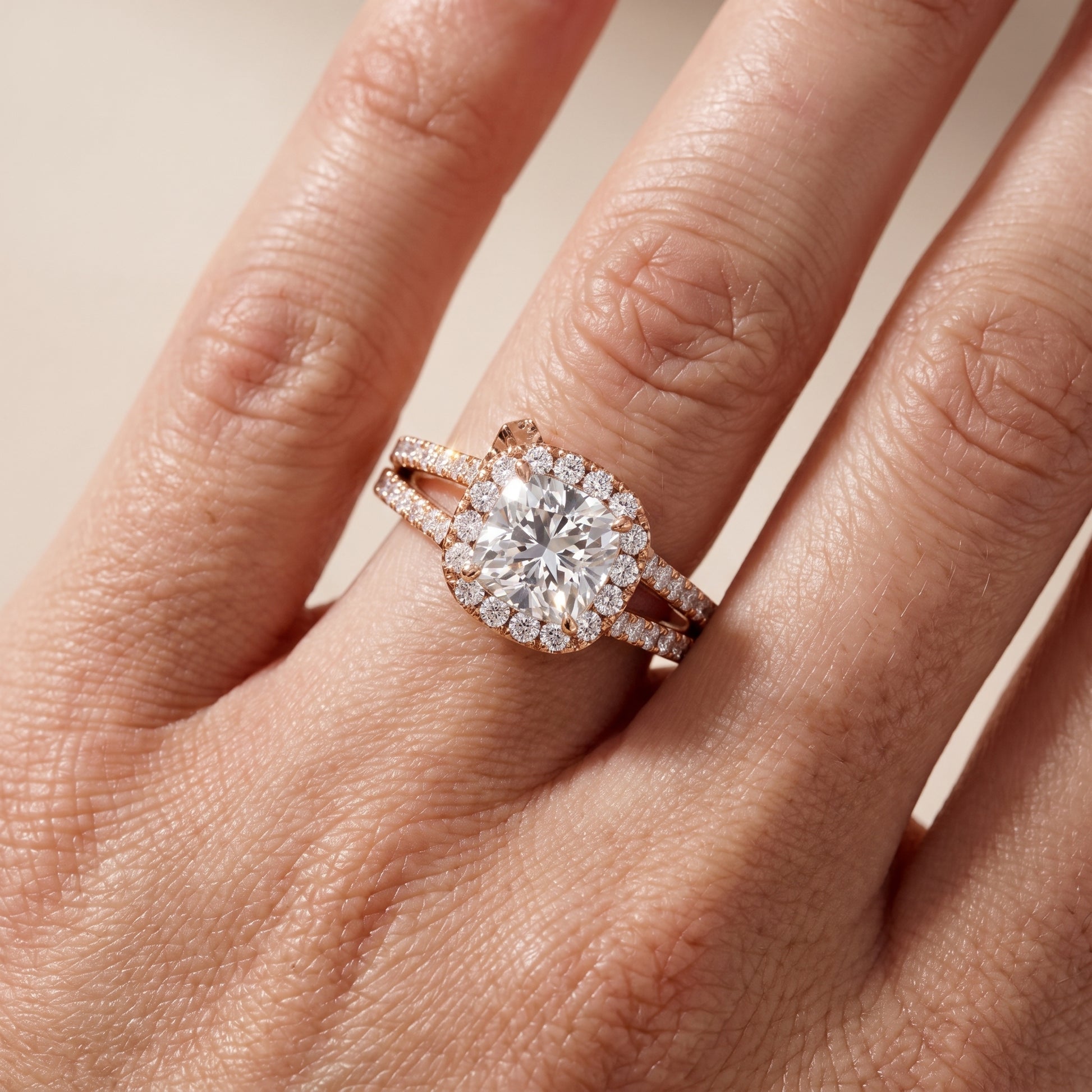 Kira Halo Split Shank Cushion Diamond Engagement Ring in Rose Gold - lifestyle.jpg