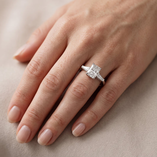 Winnie Three-Stone Radiant Diamond Engagement Ring in Platinum - lifestyle.jpg