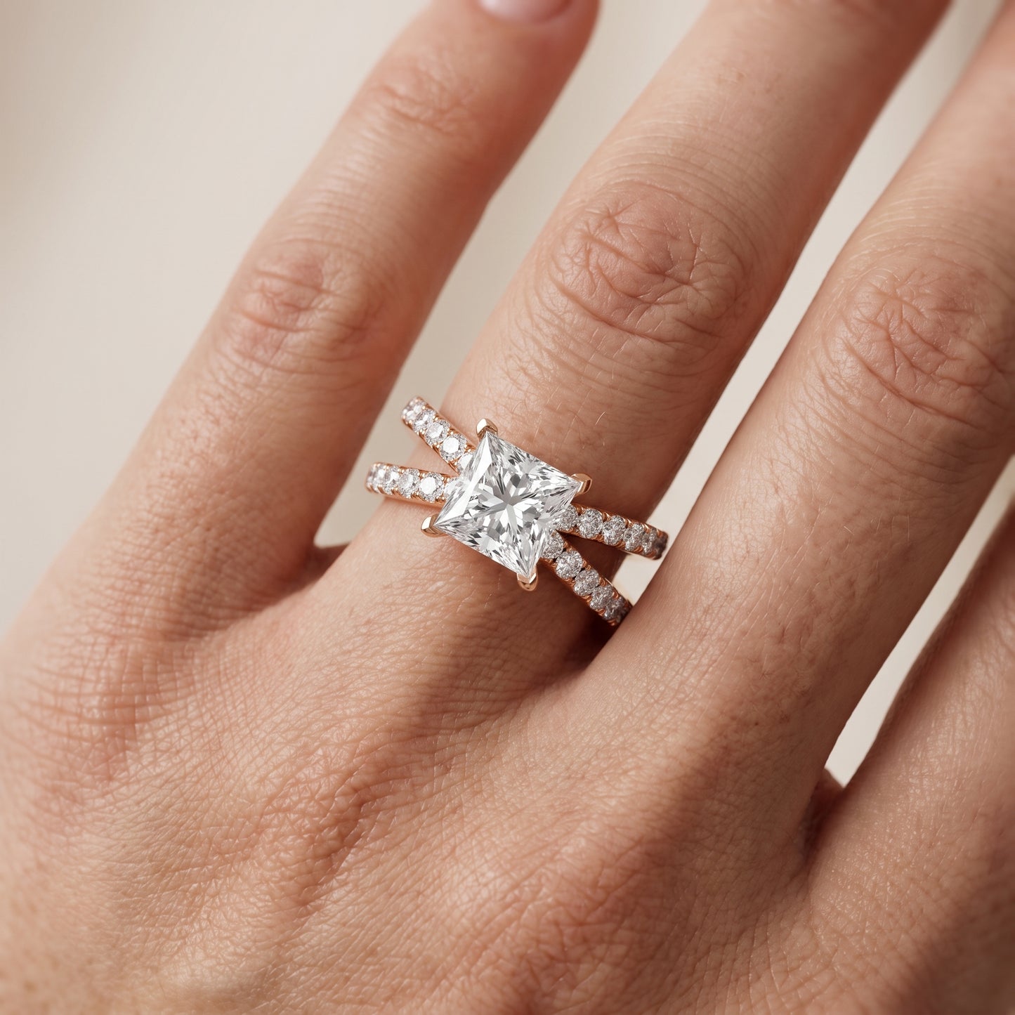 Lior Criss Cross Pavé Princess Diamond Engagement Ring in Rose Gold - lifestyle.jpg