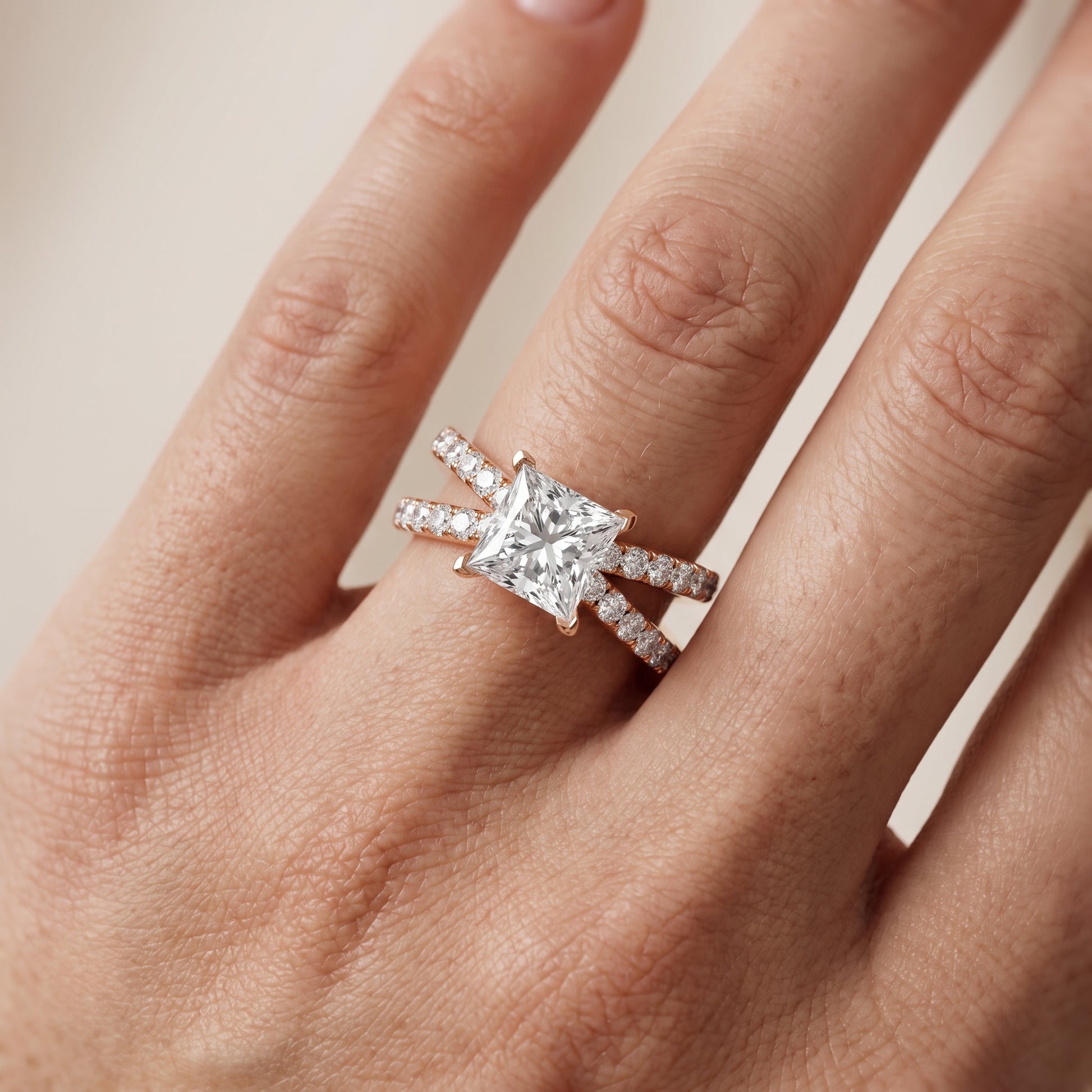 Lior Criss Cross Pavé Princess Diamond Engagement Ring in Rose Gold - lifestyle.jpg