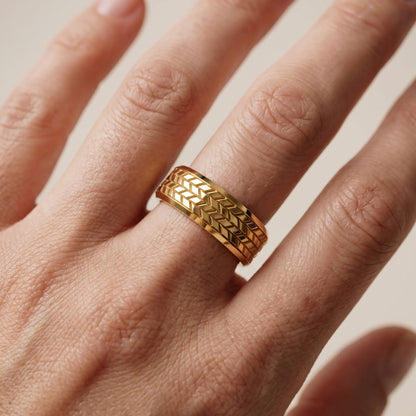 Hazel Carved Step Edge Wedding Band in Yellow Gold - lifestyle.jpg