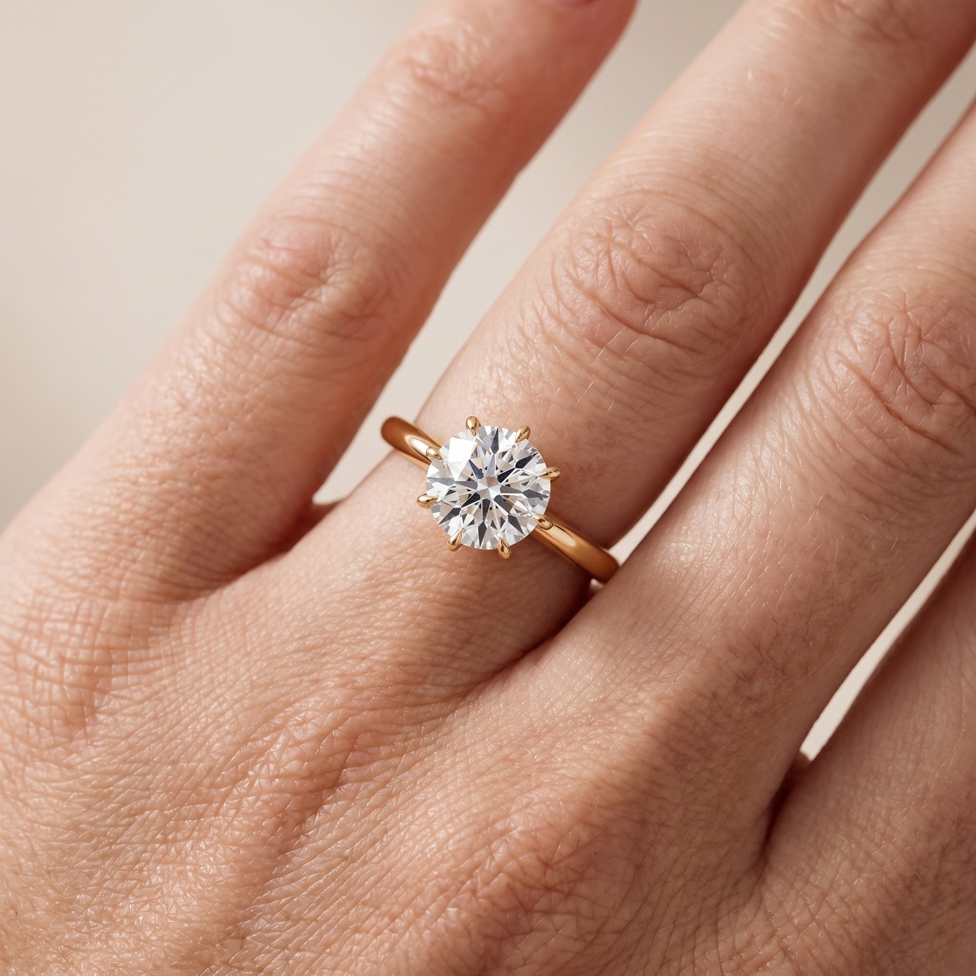 Evie Solitaire Six-Prong Round Diamond Engagement Ring in Yellow Gold - lifestyle.jpg