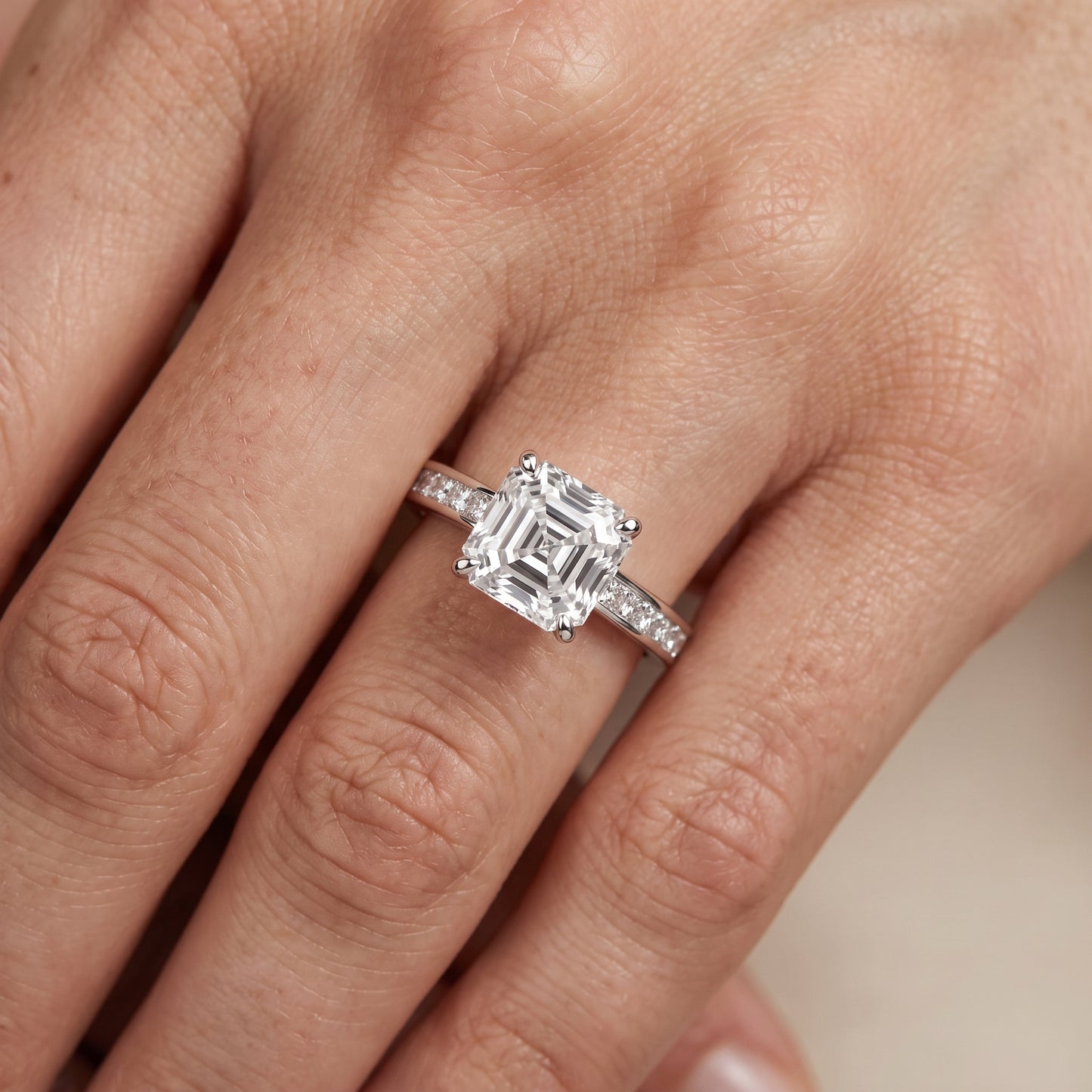 Maren Sidestone Channel Set Asscher Diamond Engagement Ring in Silver - lifestyle.jpg