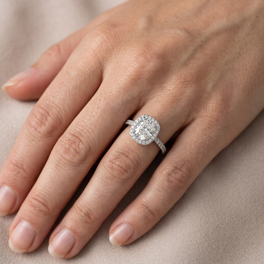 Rosemary Halo Pavé Cushion Diamond Engagement Ring in Platinum - lifestyle.jpg