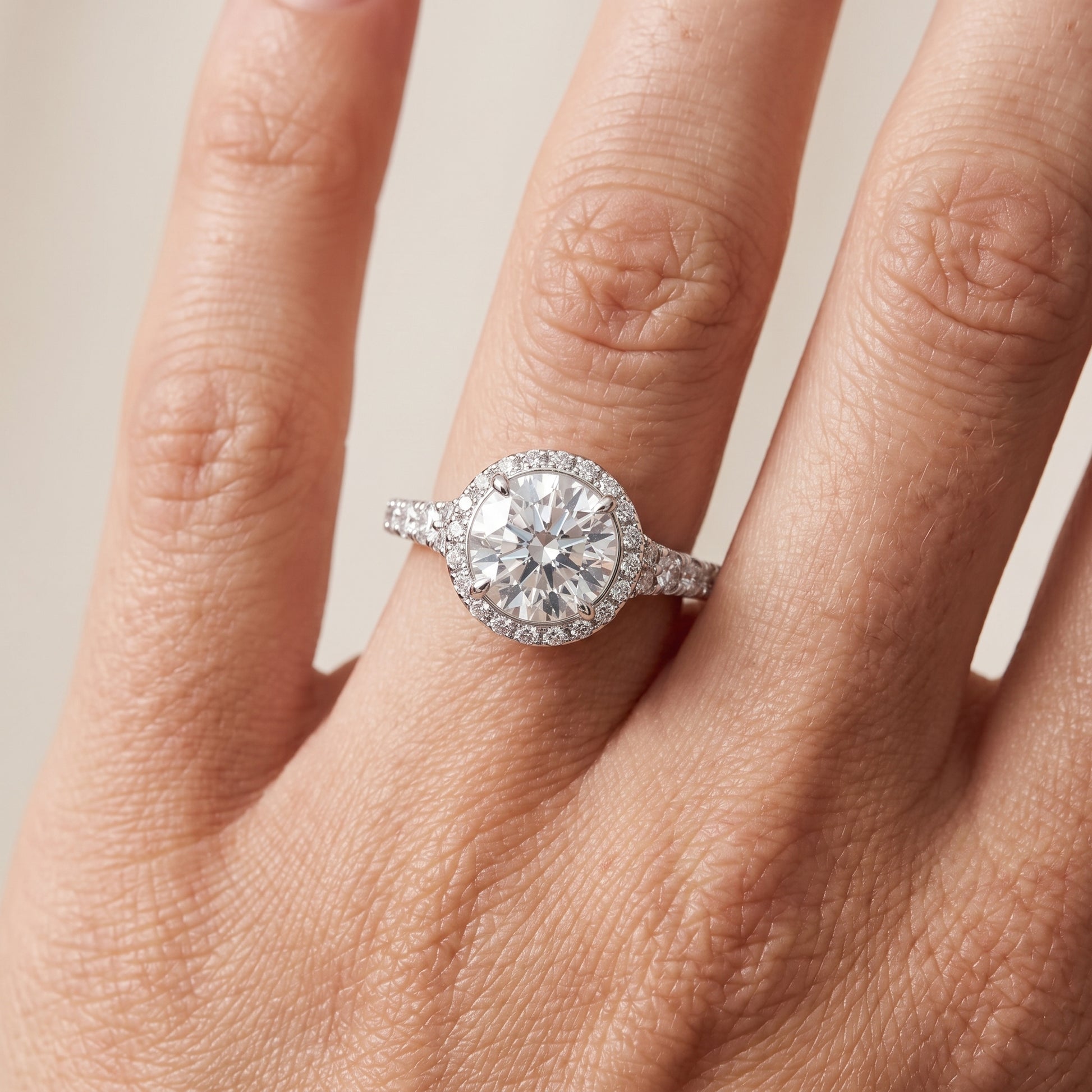 Bella Halo Pavé Round Diamond Engagement Ring in White Gold - lifestyle.jpg