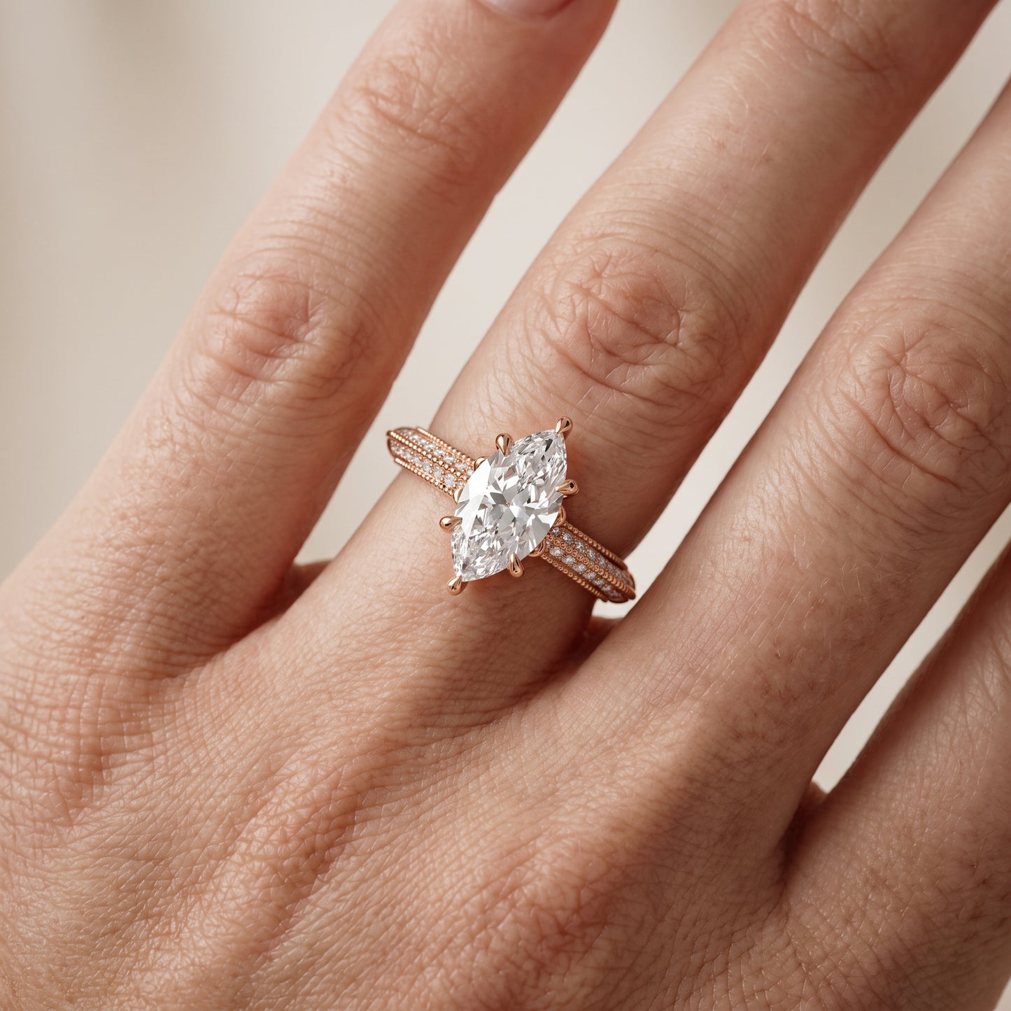 Indie Vintage Milgrain Marquise Diamond Engagement Ring in Rose Gold - lifestyle.jpg
