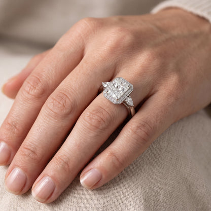 Eliza Halo Sidestone Radiant Diamond Engagement Ring in Platinum - lifestyle.jpg