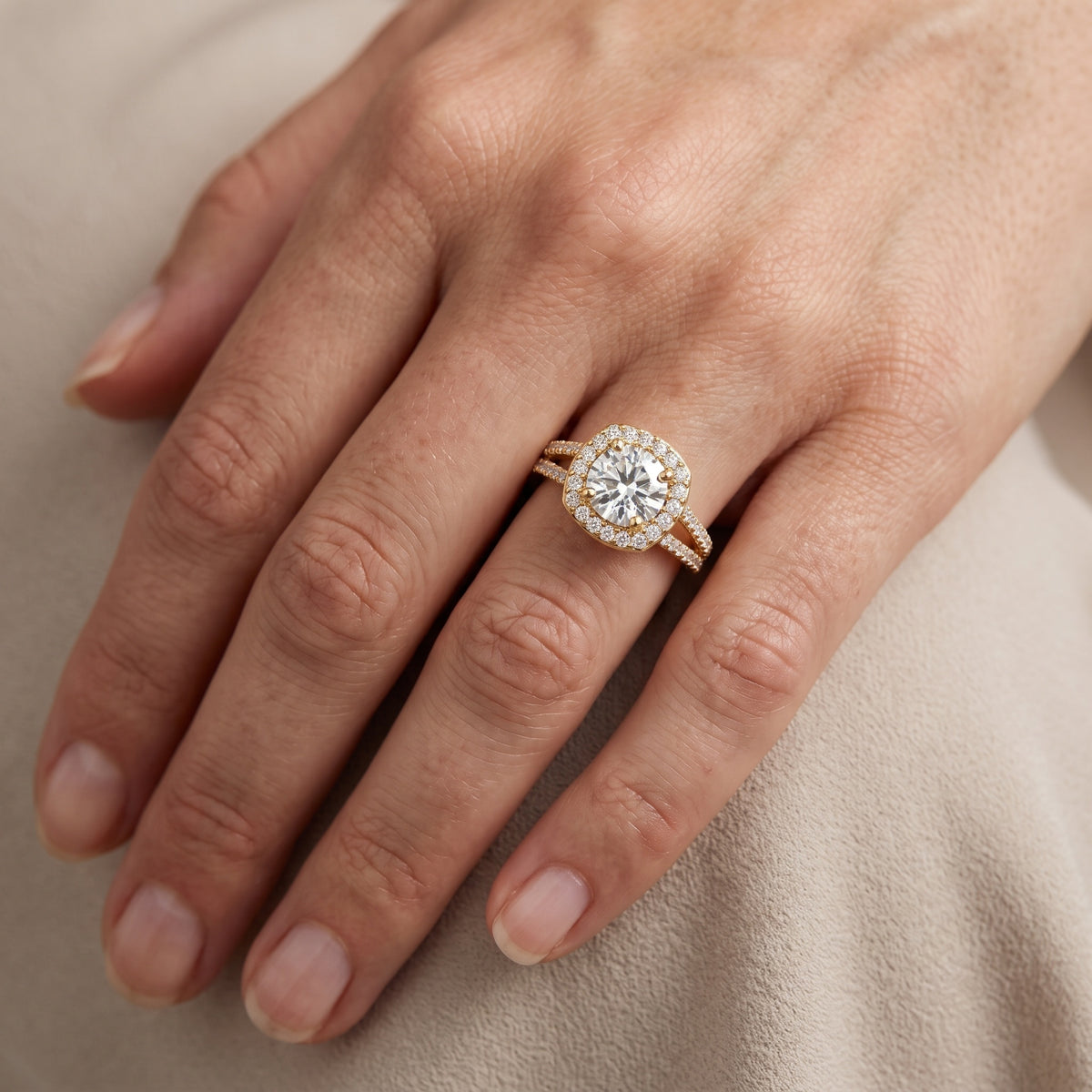 Tampa Halo Split Shank Round Diamond Engagement Ring in Platinum - lifestyle.jpg