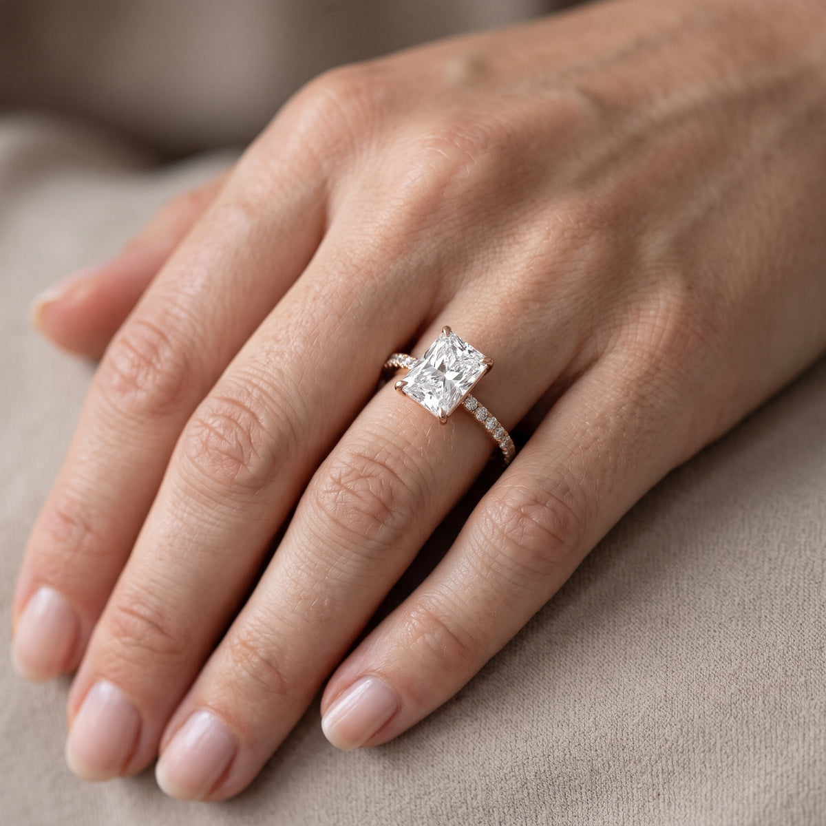 Annabel Pavé Solitaire Radiant Diamond Engagement Ring in Rose Gold - lifestyle.jpg