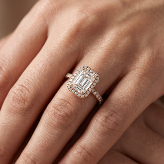 Mabel Halo French Pavé Emerald Diamond Engagement Ring in Rose Gold - lifestyle.jpg
