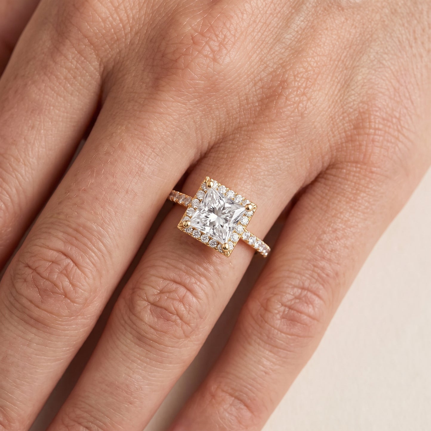 Sophie Halo Pavé Princess Diamond Ring in Yellow Gold - lifestyle.jpg