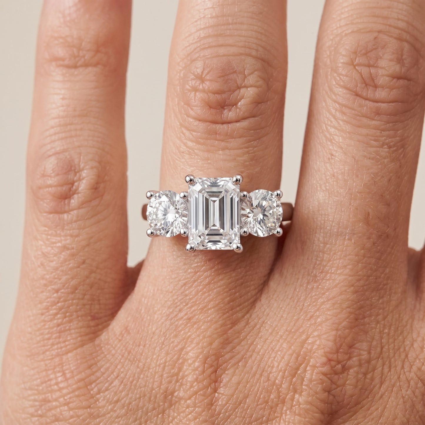 Callie Three-Stone Trellis Emerald Diamond Ring in White Gold - lifestyle.jpg
