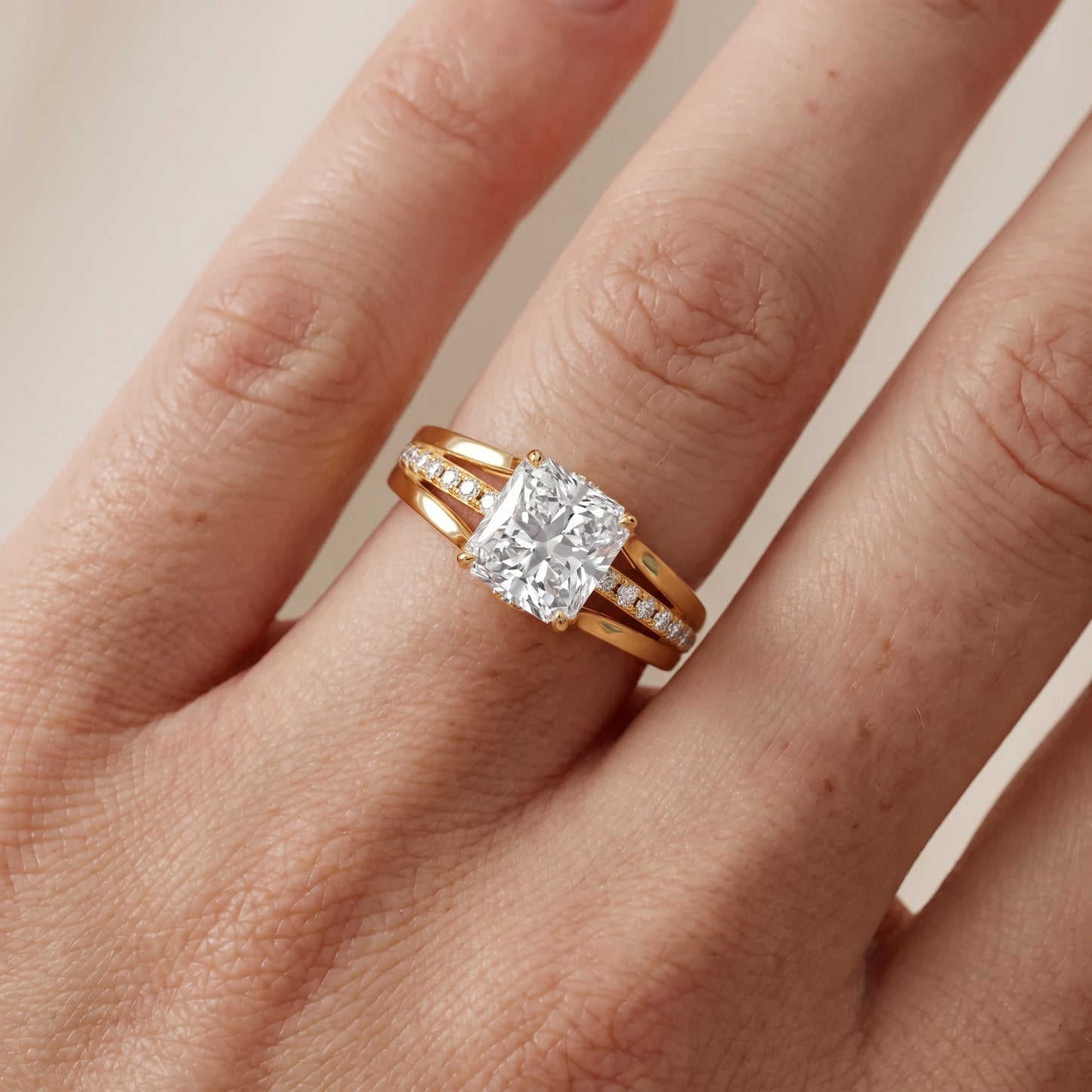 Scarlett Split Shank Pavé Radiant Diamond Ring in Yellow Gold - lifestyle.jpg
