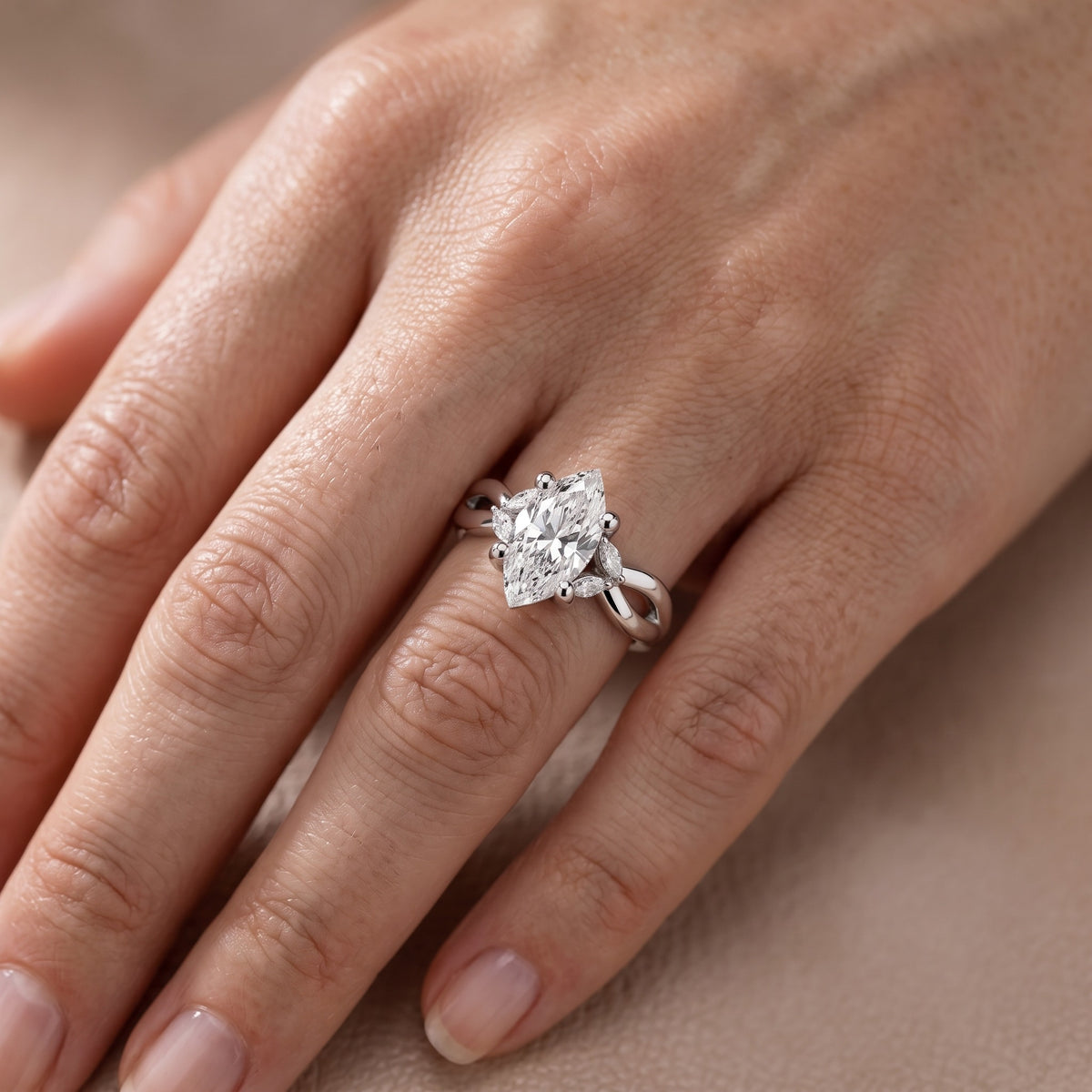 Luna Glow Twisted Marquise Diamond Engagement Ring in Platinum - lifestyle.jpg