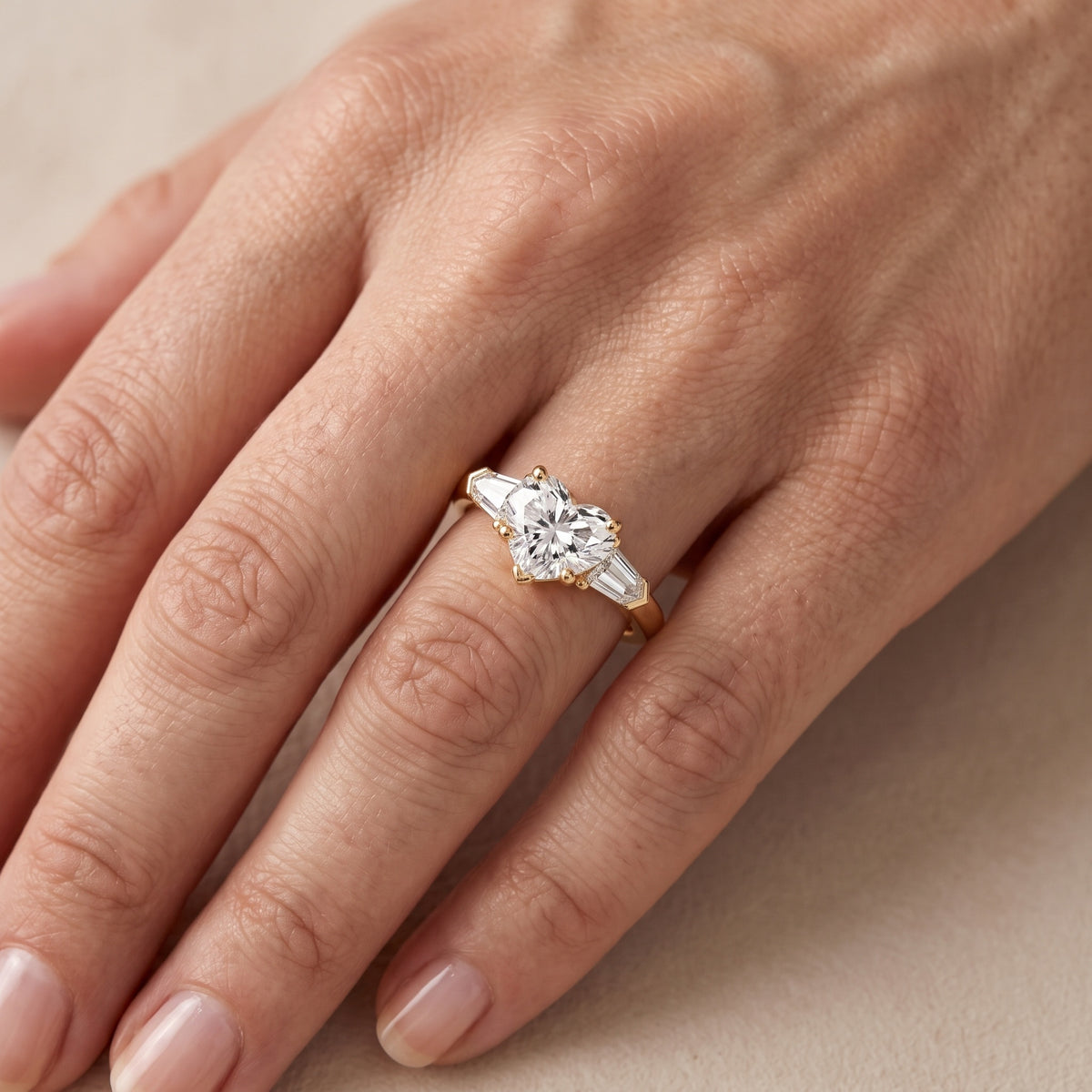 Dorothea Baguette Three-Stone Heart Diamond Engagement Ring in Silver - lifestyle.jpg