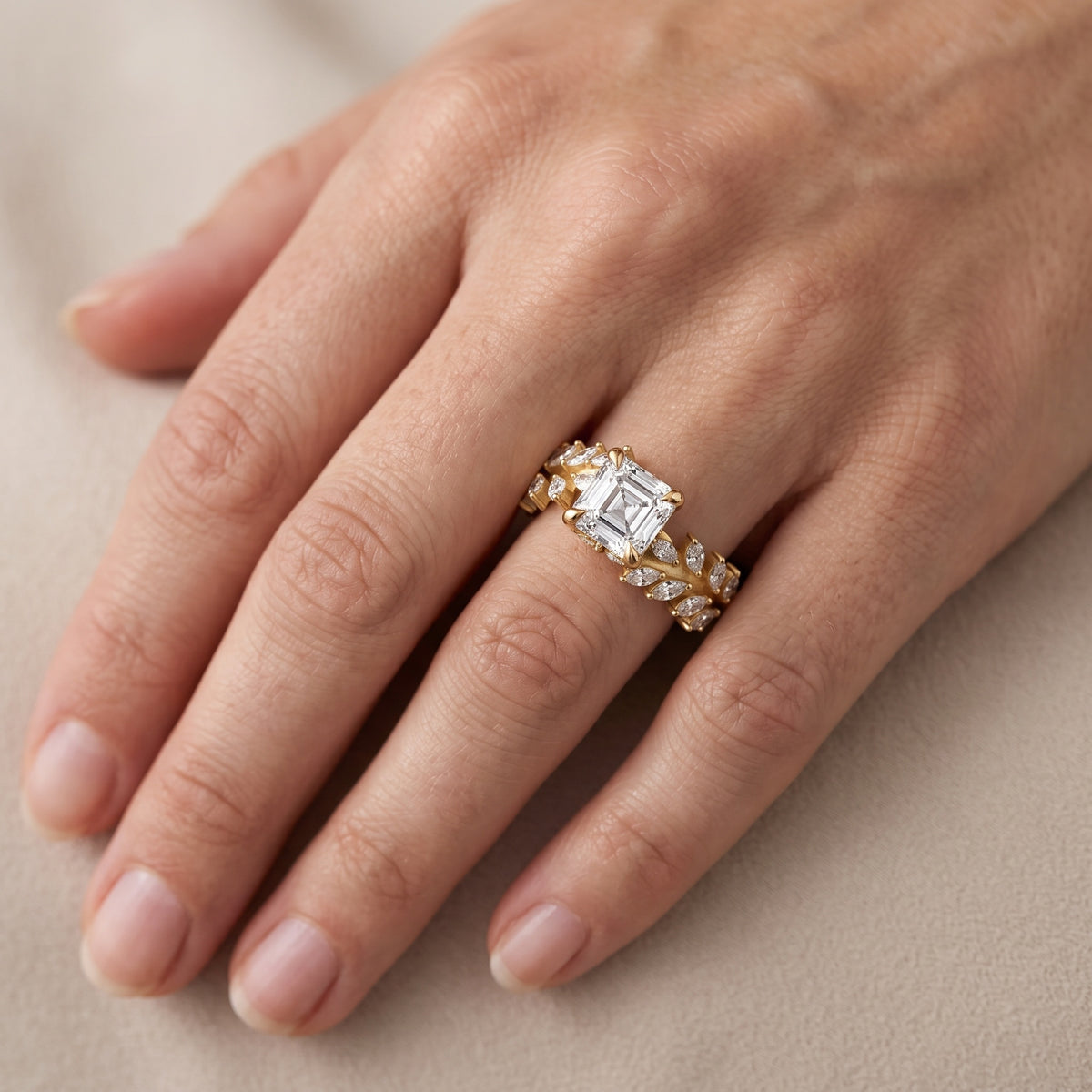 Beulah Leaf Garland Asscher Diamond Engagement Ring in Yellow Gold - lifestyle.jpg