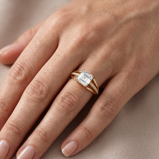 Lucinda Split Shank Asscher Diamond Engagement Ring in Yellow Gold - lifestyle.jpg