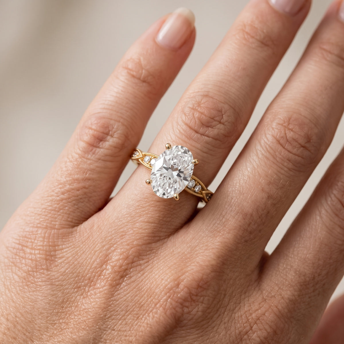 Lucette Scalloped Milgrain Oval Diamond Engagement Ring in White Gold - lifestyle.jpg
