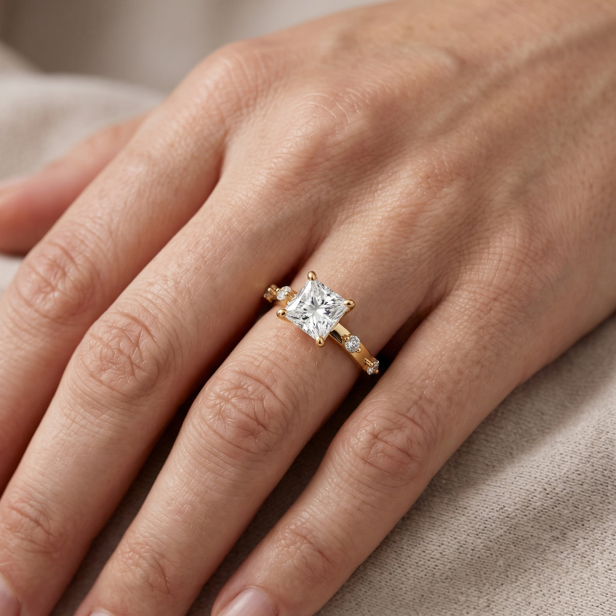Elena Radiance Princess Cut Diamond Engagement Ring in Yellow Gold - lifestyle.jpg