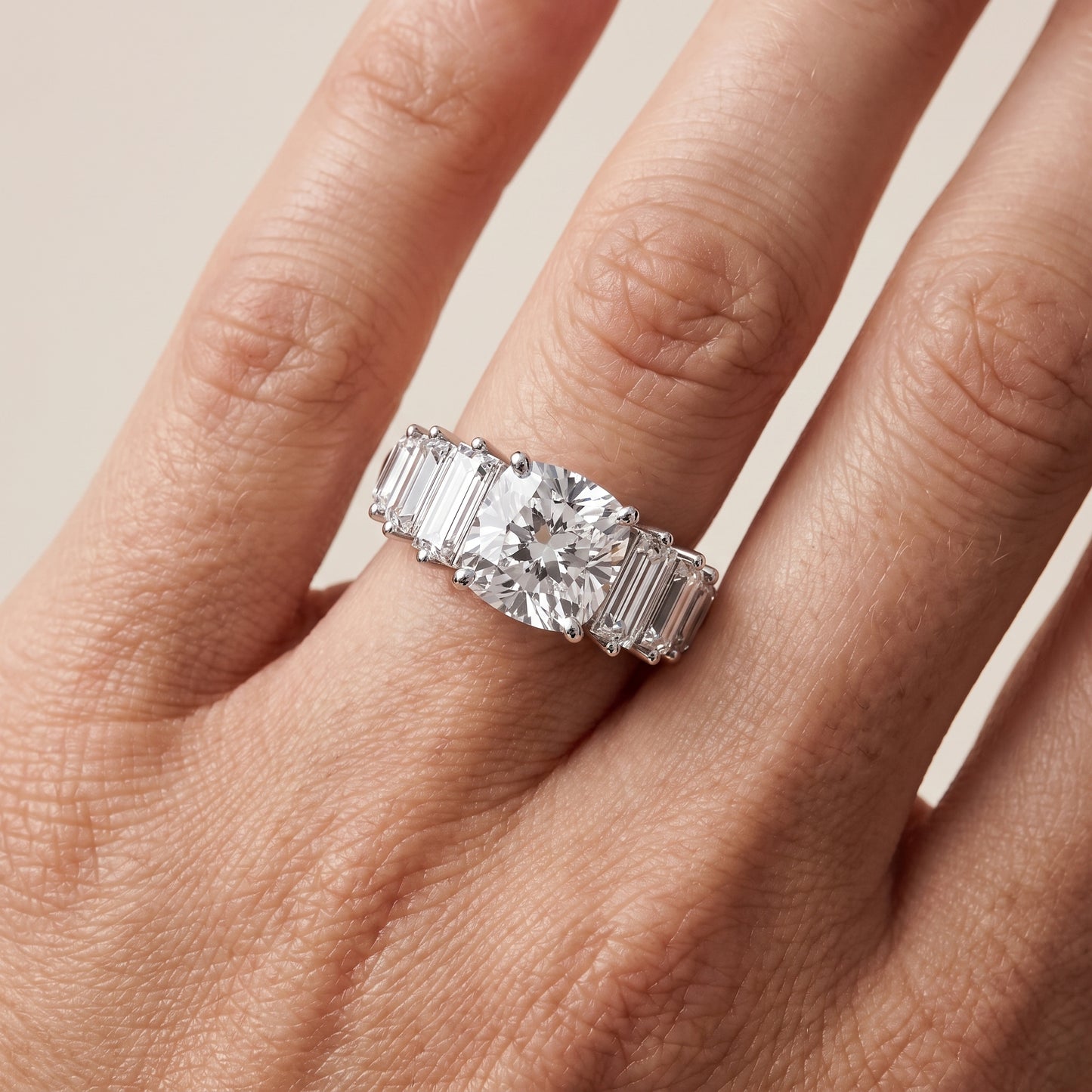 Mara Sidestone Baguette Accent Cushion Diamond Engagement Ring in Silver - lifestyle.jpg