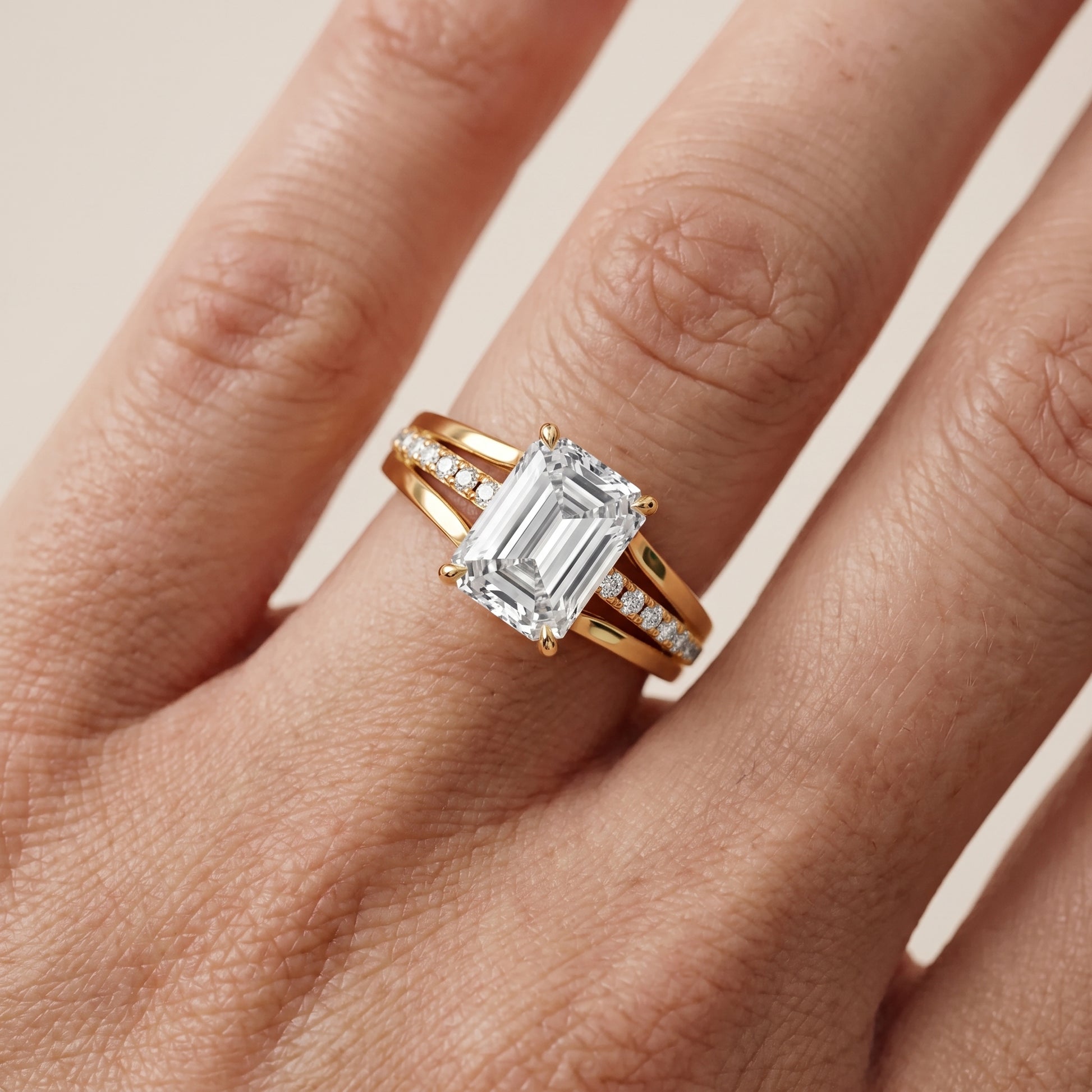 Scarlett Split Shank Pavé Emerald Diamond Ring in Yellow Gold - lifestyle.jpg