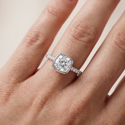 Cora Bezel Pavé Cushion Diamond Ring in Platinum - lifestyle.jpg