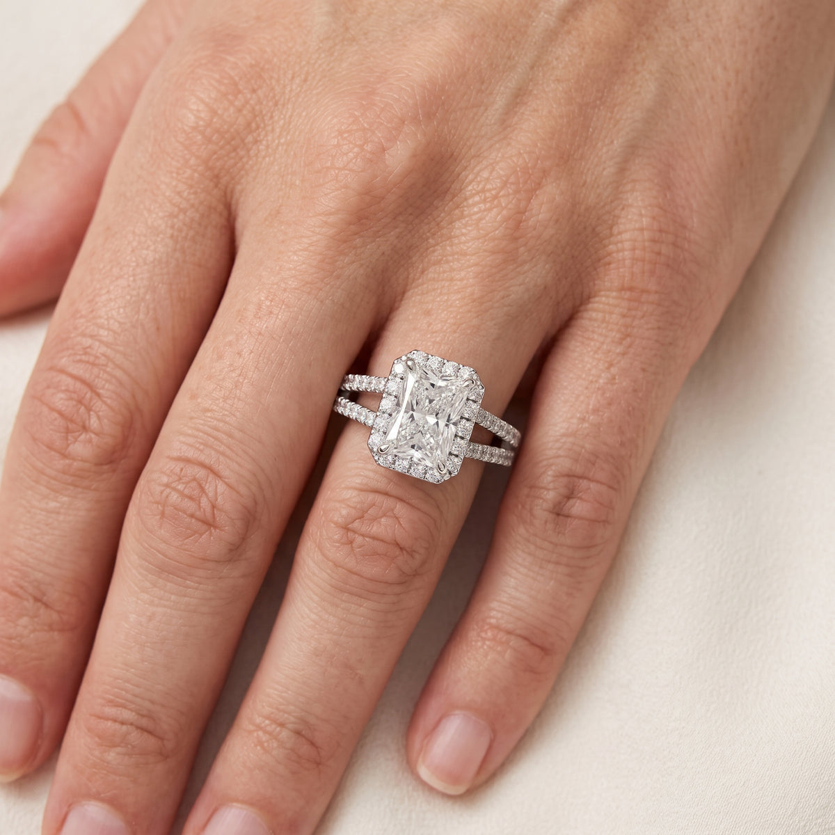 Kira Halo Split Shank Radiant Diamond Engagement Ring in Silver - lifestyle.jpg