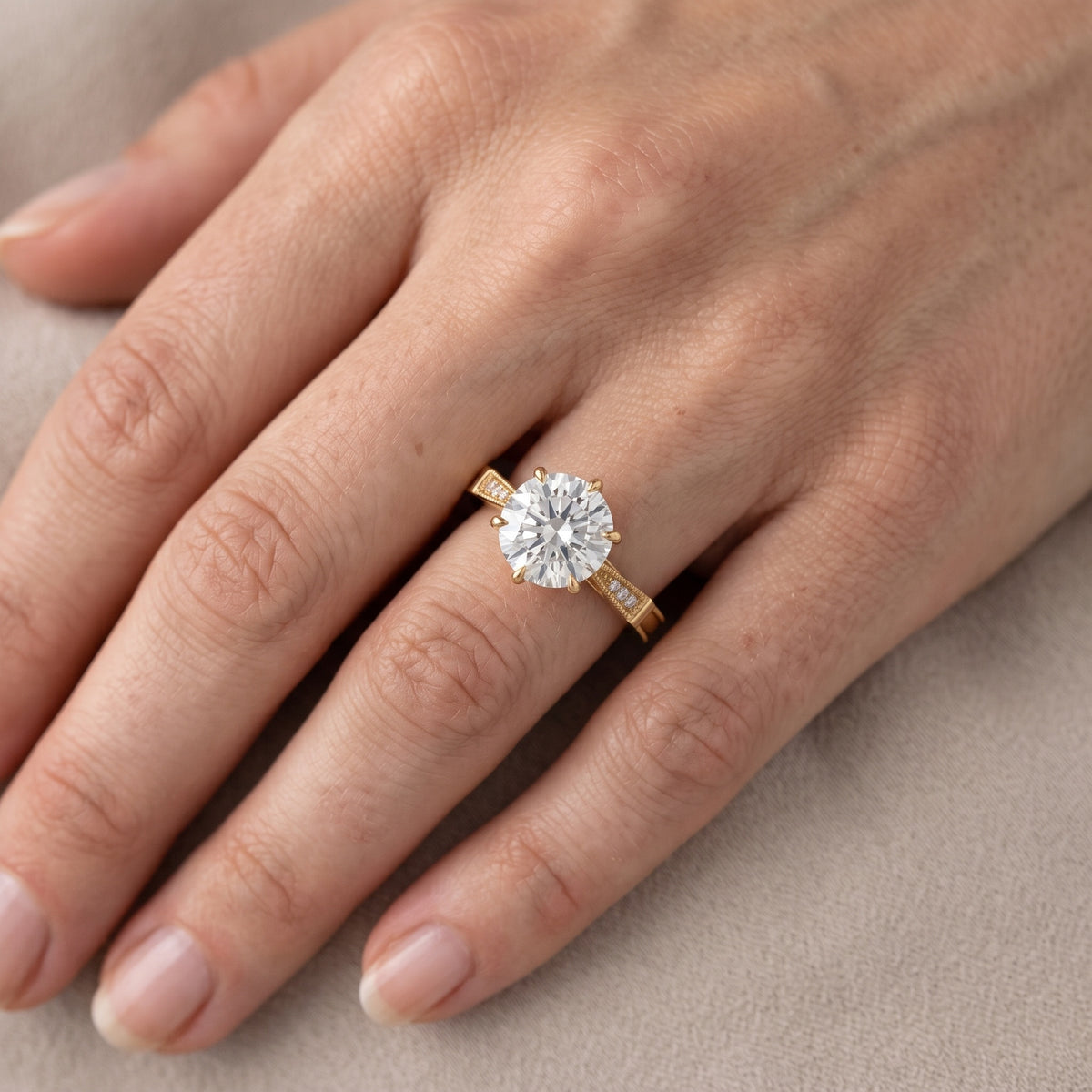 Jovanna Vintage Cathedral Round Diamond Engagement Ring in Yellow Gold - lifestyle.jpg