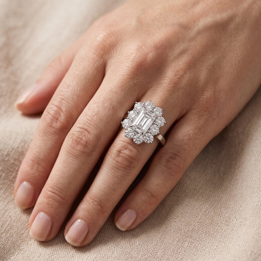 Phoebe Cluster Emerald Diamond Engagement Ring in Platinum - lifestyle.jpg
