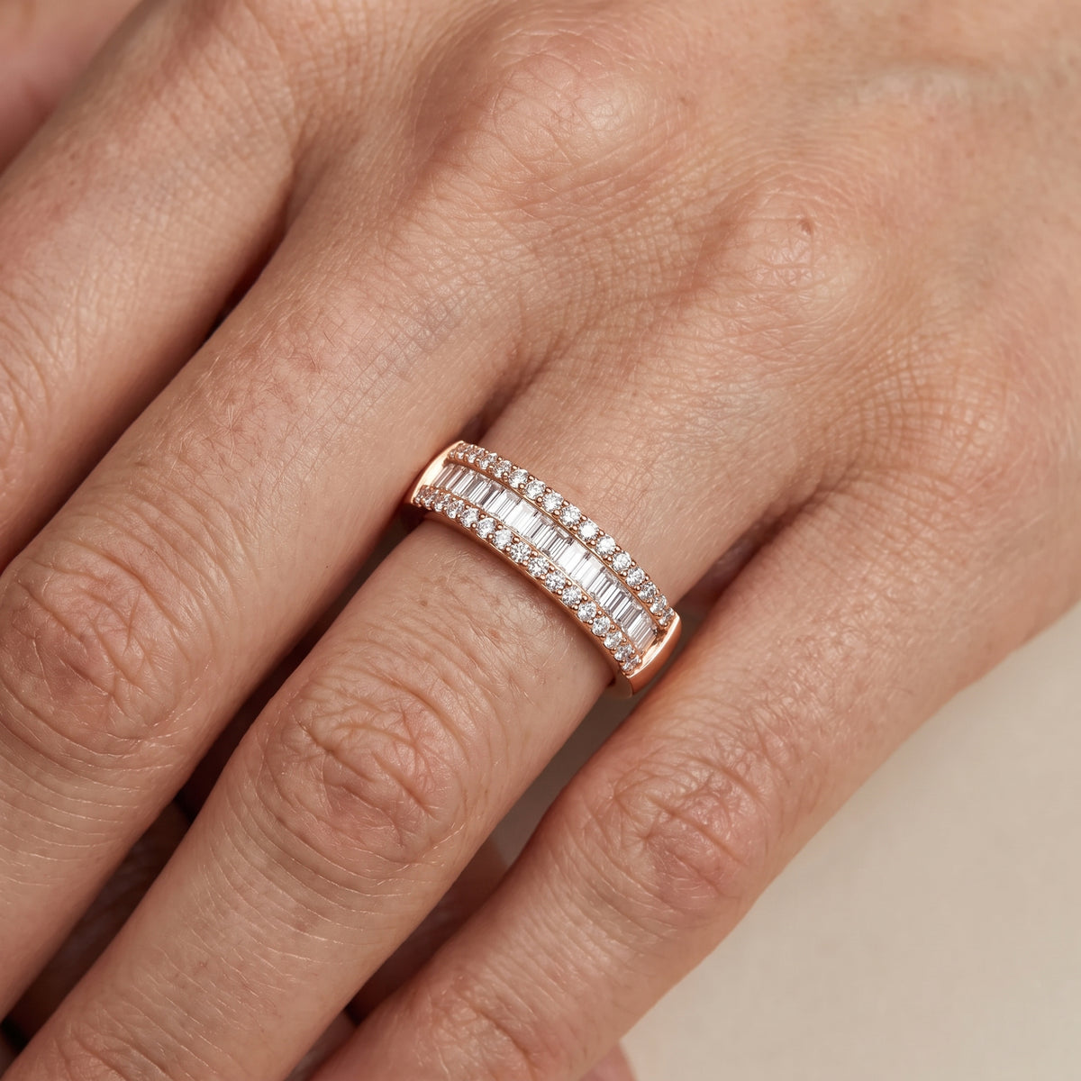 Caroline Channel Set Baguette & Round Diamond Anniversary Ring in Rose Gold - lifestyle.jpg