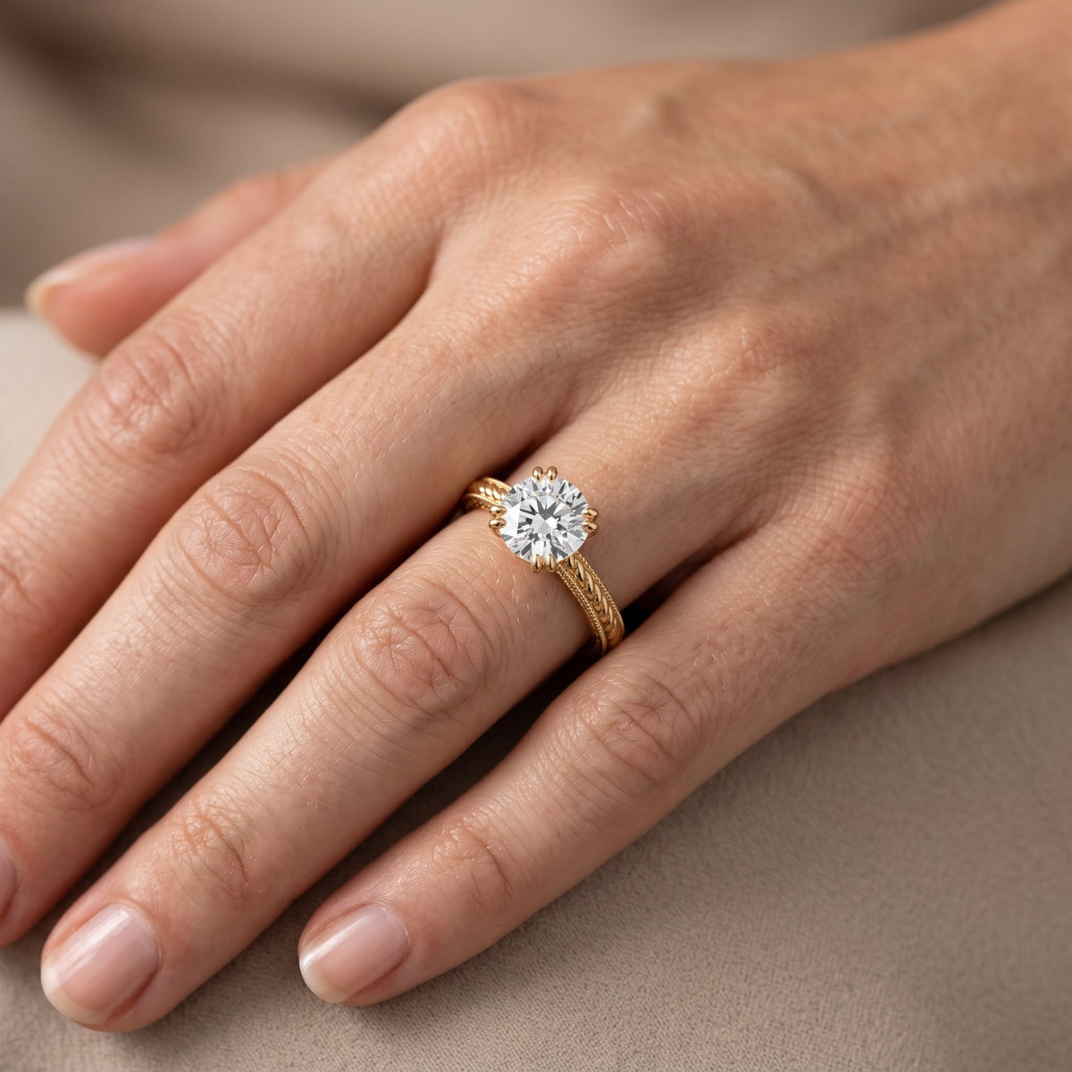 Lacey Rope Solitaire Round Diamond Engagement Ring in Rose Gold - lifestyle.jpg