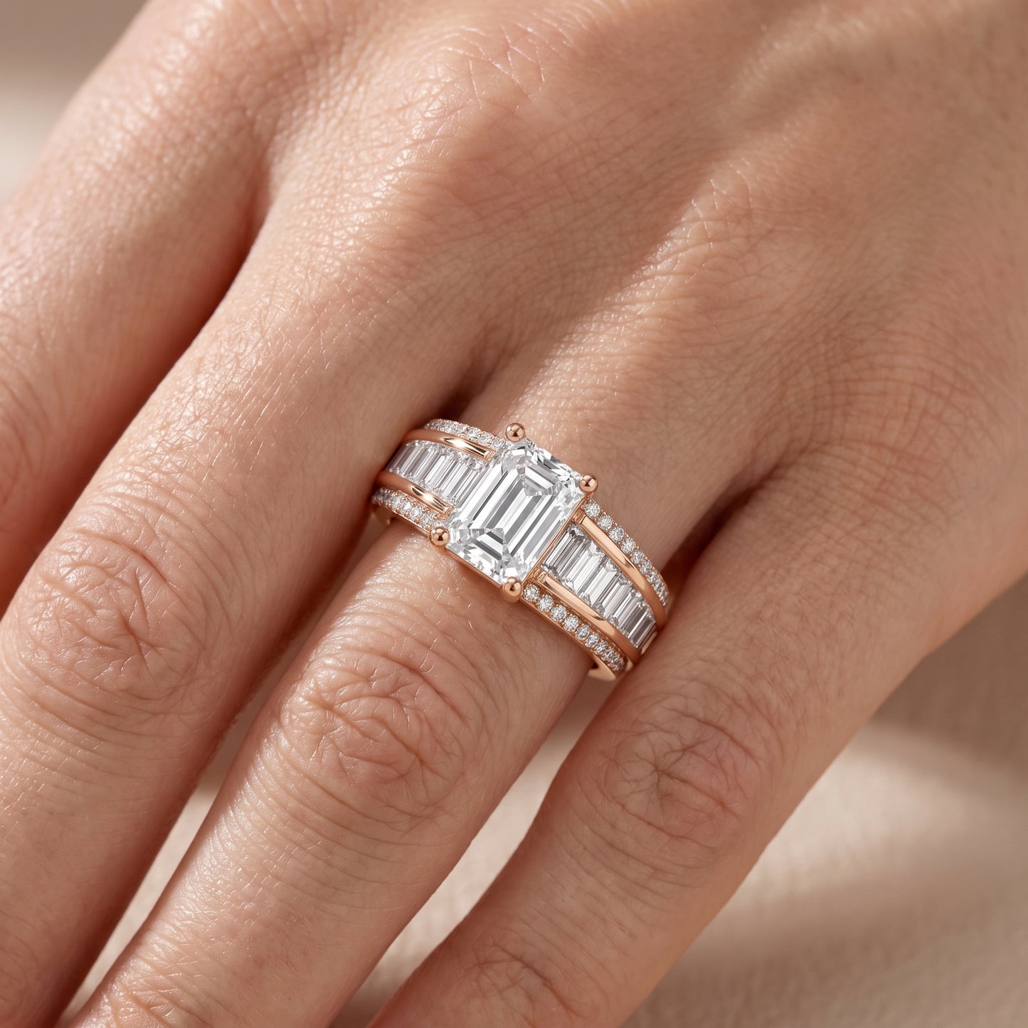 Halle Channel Set Baguette Accent Emerald Diamond Engagement Ring in Rose Gold - lifestyle.jpg