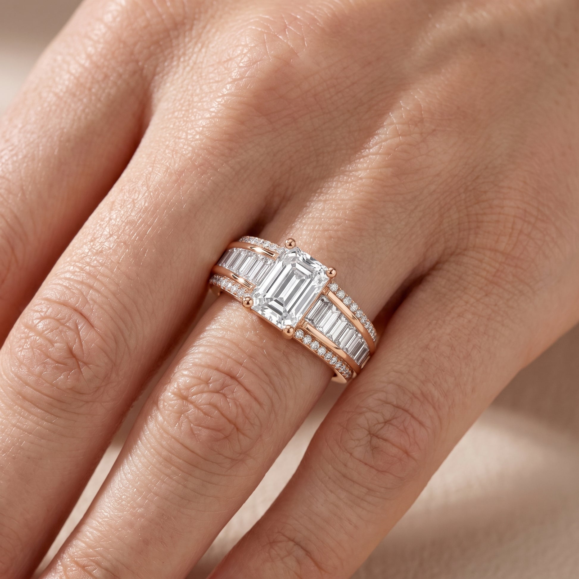 Halle Channel Set Baguette Accent Emerald Diamond Engagement Ring in Rose Gold - lifestyle.jpg
