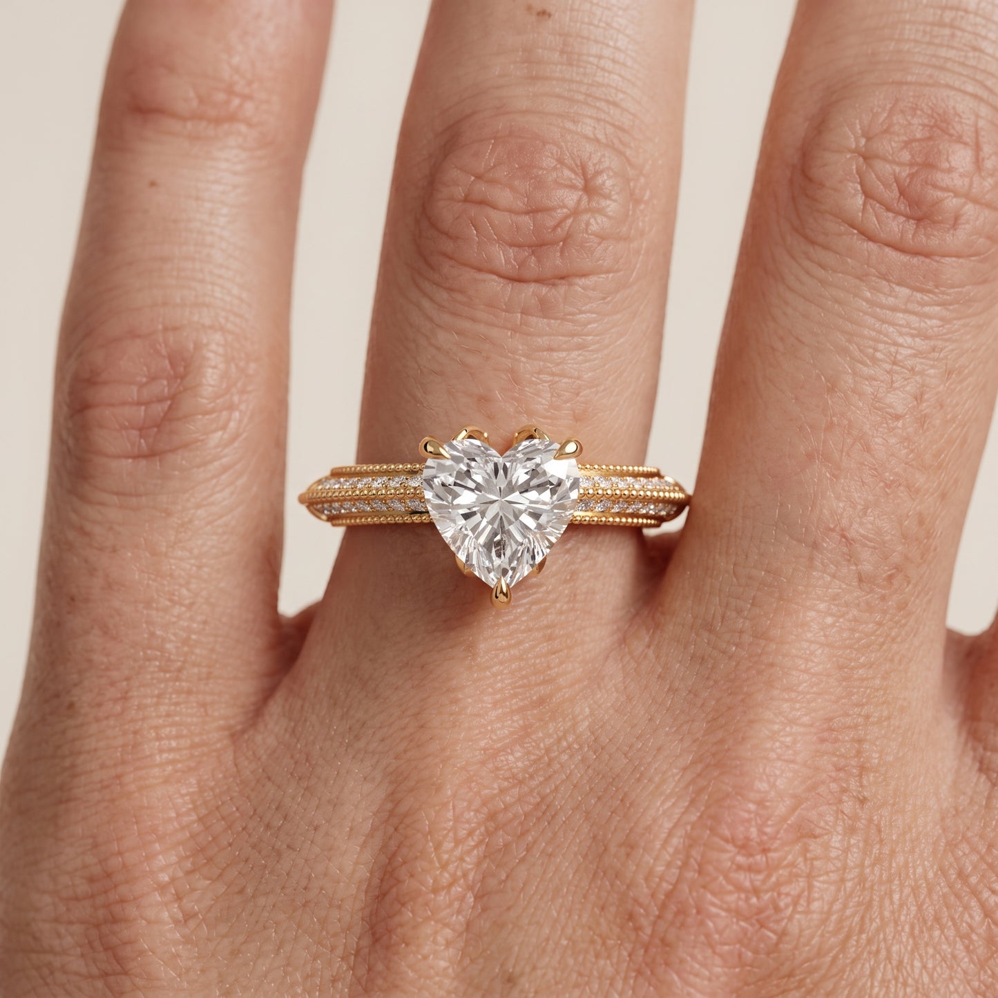 Indie Vintage Milgrain Heart Diamond Engagement Ring in Yellow Gold - lifestyle.jpg
