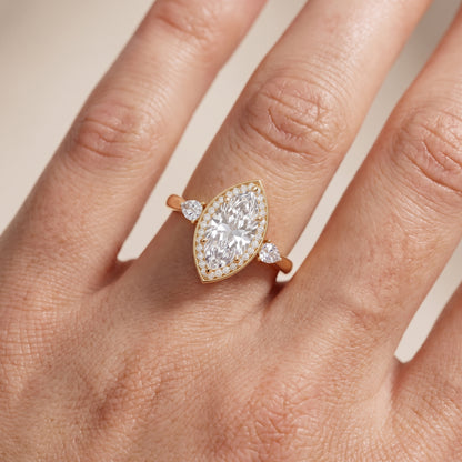 Eliza Halo Sidestone Marquise Diamond Engagement Ring in Yellow Gold - lifestyle.jpg