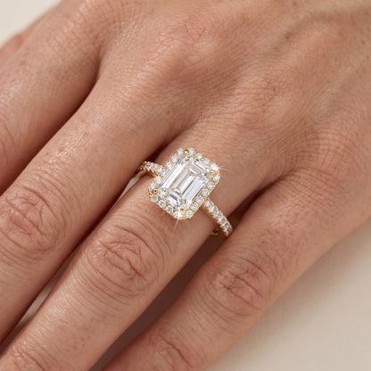 Alma Halo Pavé Emerald Diamond Ring in Yellow Gold - lifestyle.jpg