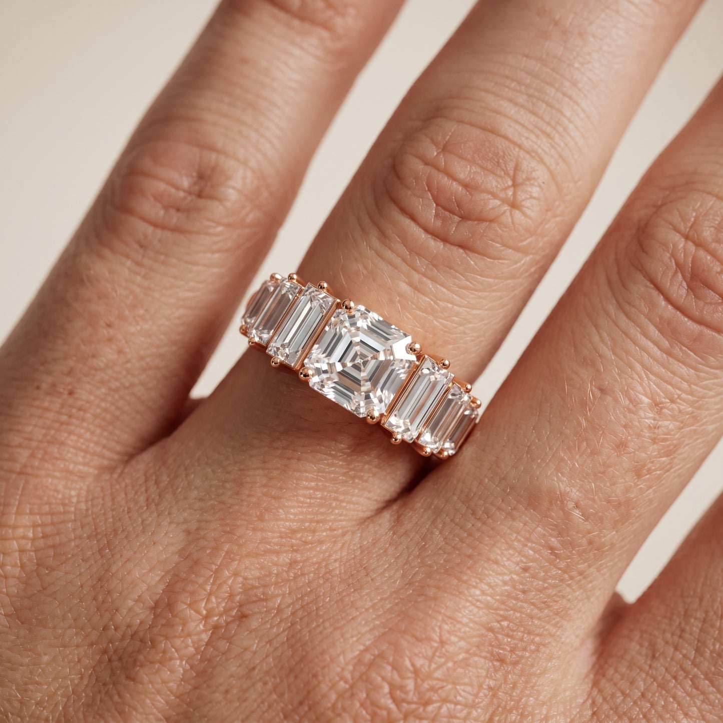 Mara Sidestone Baguette Accent Asscher Diamond Engagement Ring in Rose Gold - lifestyle.jpg