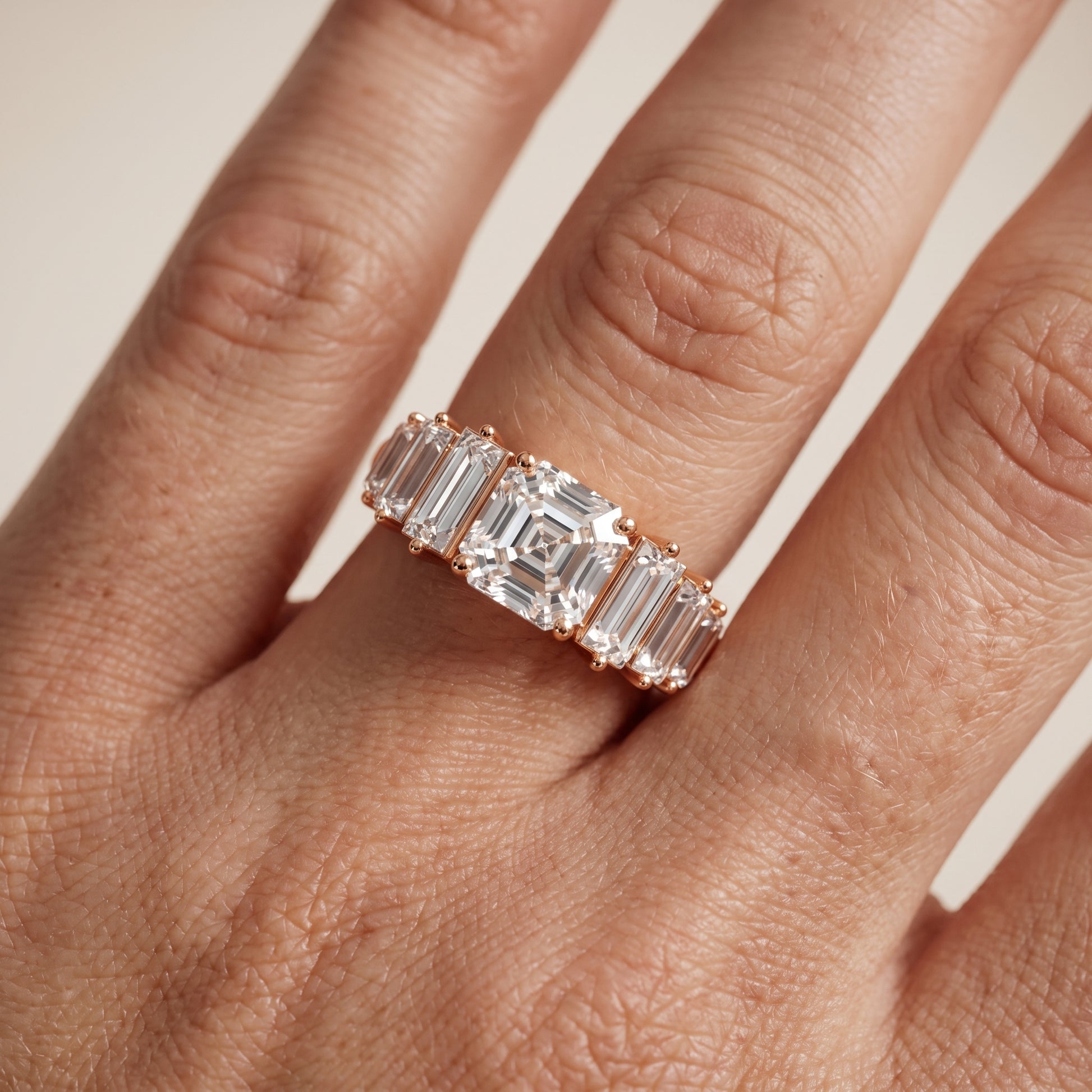 Mara Sidestone Baguette Accent Asscher Diamond Engagement Ring in Rose Gold - lifestyle.jpg