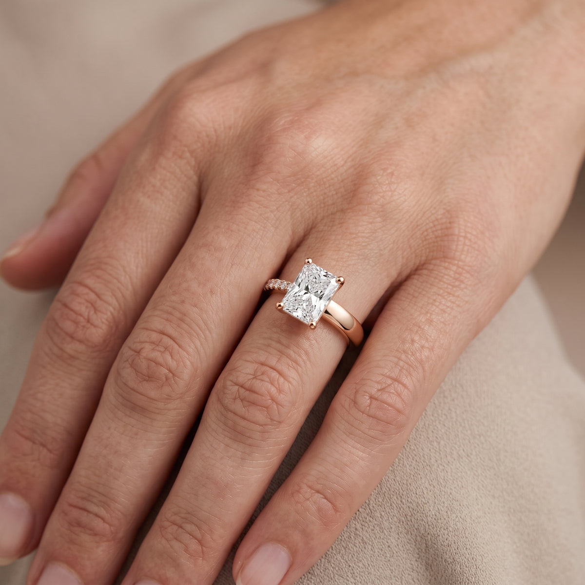Rosie Solitaire Basket Radiant Diamond Engagement Ring in Rose Gold - lifestyle.jpg