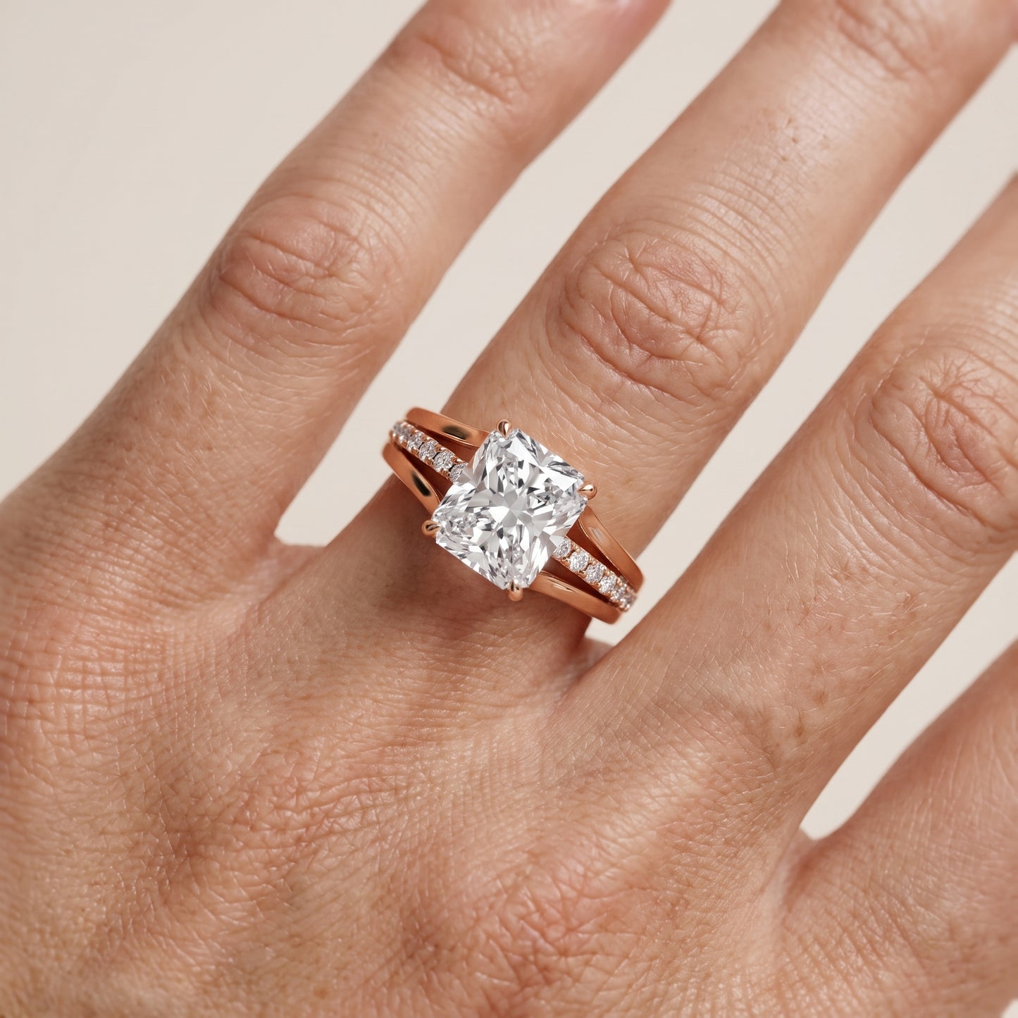 Scarlett Split Shank Pavé Radiant Diamond Ring in Rose Gold - lifestyle.jpg