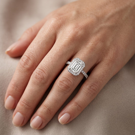 Rosemary Halo Pavé Emerald Diamond Engagement Ring in Platinum - lifestyle.jpg