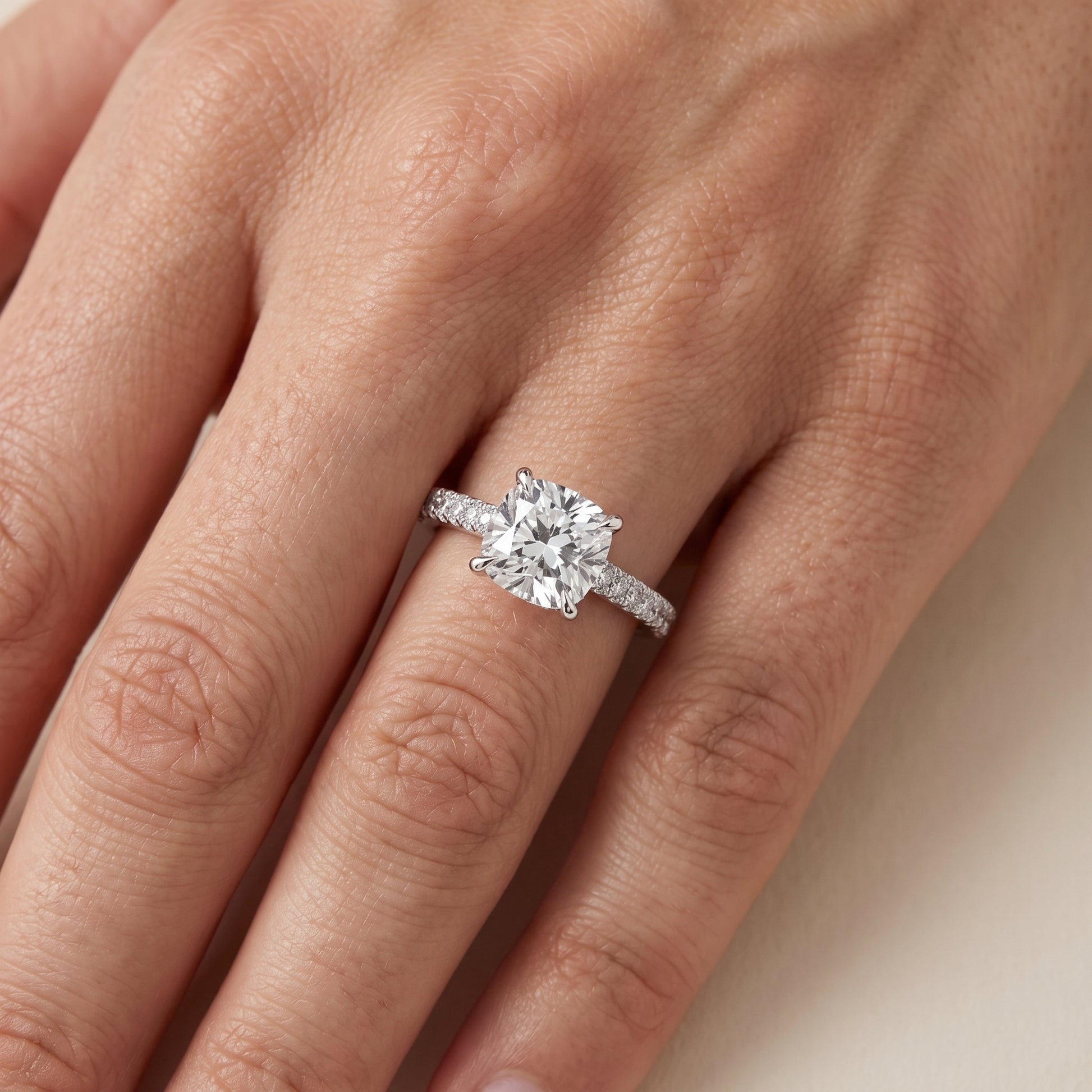 Della Hidden Halo Pavé Cushion Diamond Engagement Ring in Silver - lifestyle.jpg
