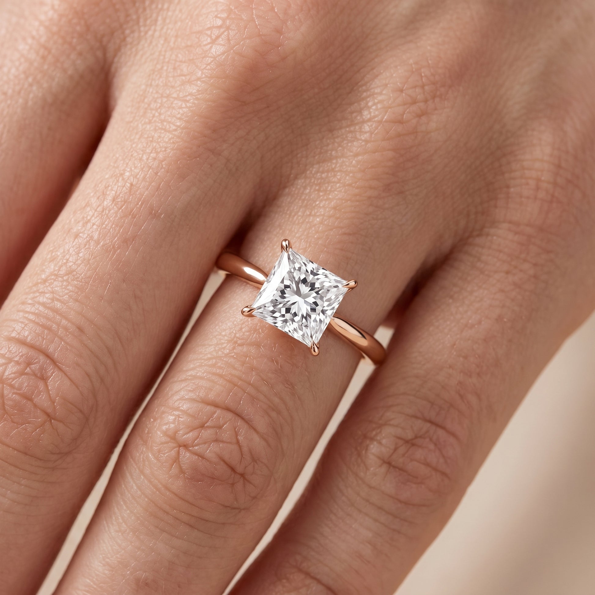 Evie Solitaire Six-Prong Princess Diamond Engagement Ring in Rose Gold - lifestyle.jpg