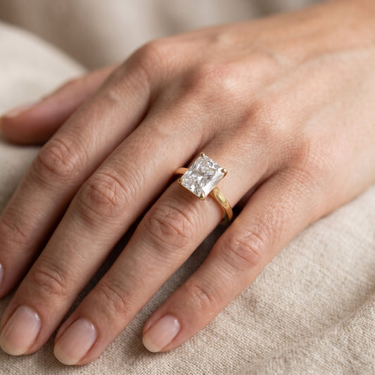Matilda Cathedral Solitaire Radiant Diamond Engagement Ring in Yellow Gold - lifestyle.jpg