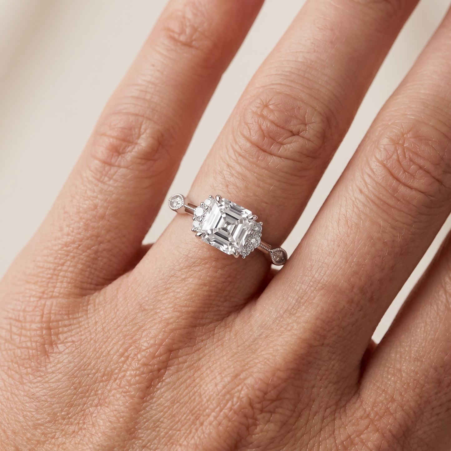 Naomi Vintage Milgrain Asscher Diamond Engagement Ring in White Gold - lifestyle.jpg