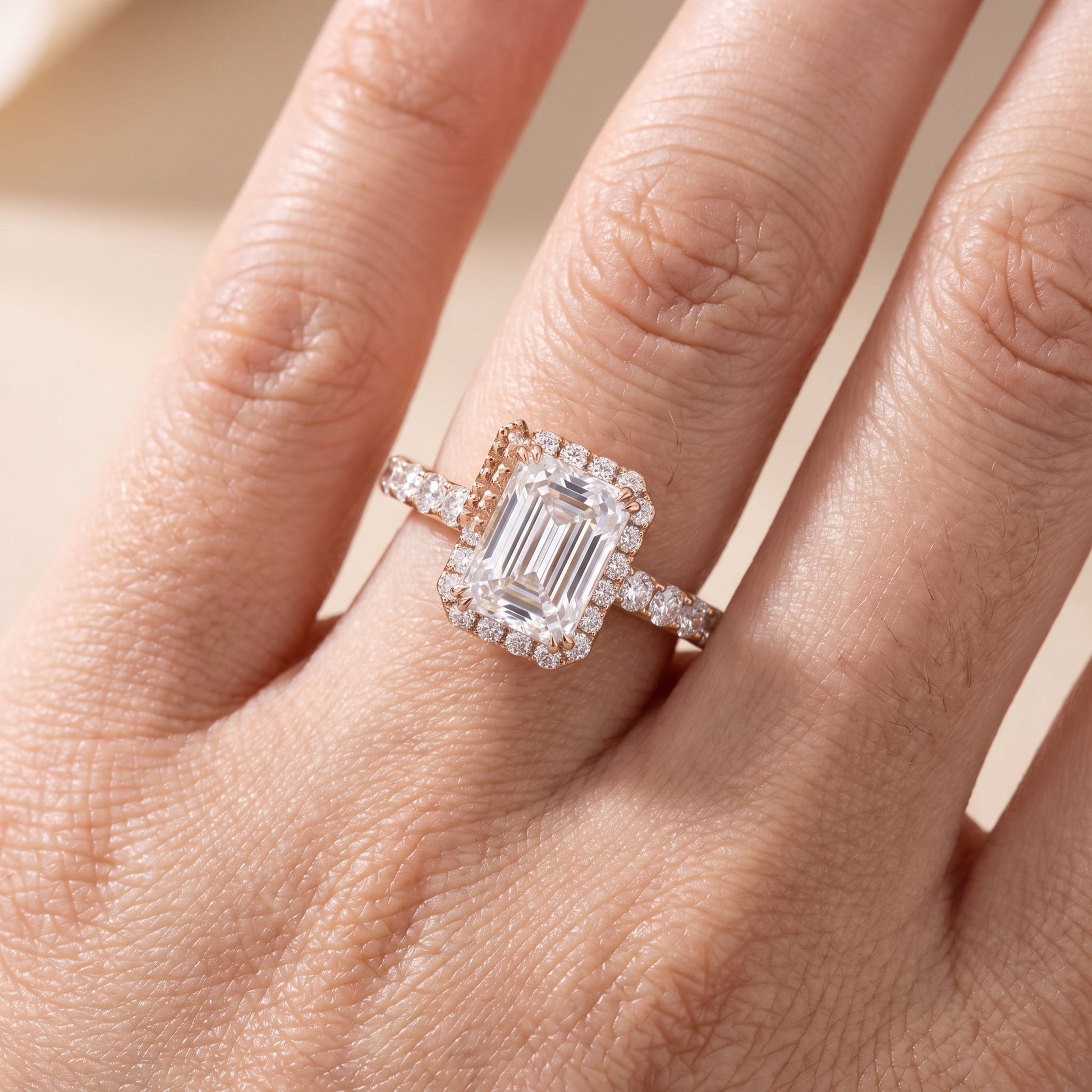 Chloe Halo Pavé Emerald Diamond Ring in Rose Gold - lifestyle.jpg