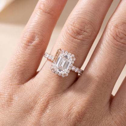 Chloe Halo Pavé Emerald Diamond Ring in Rose Gold - lifestyle.jpg