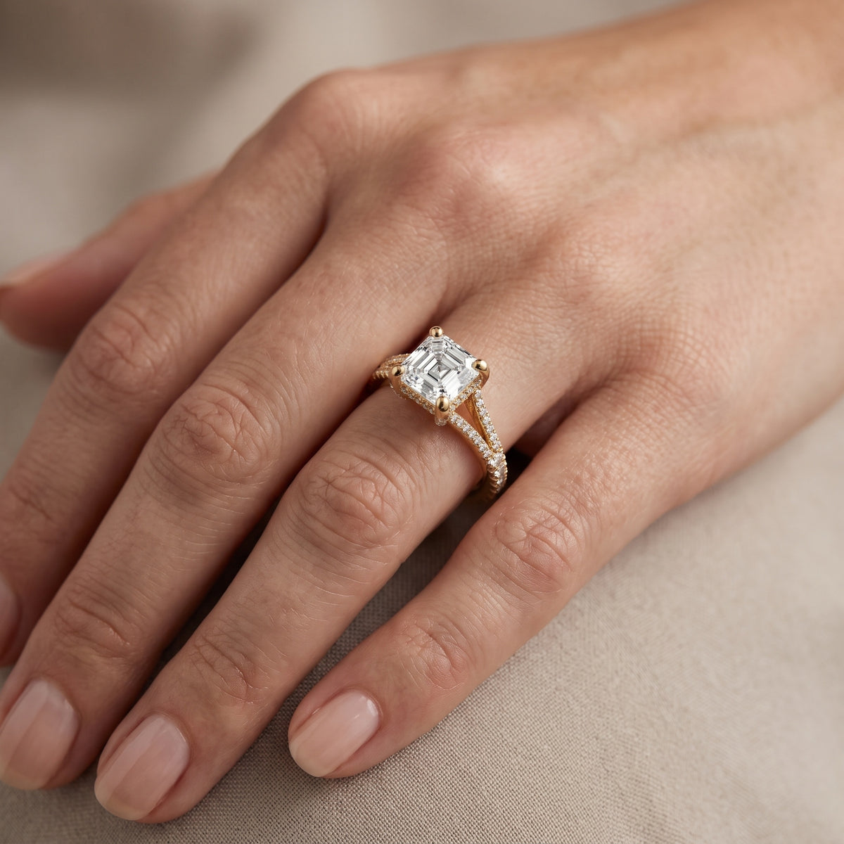 Giovanna Hidden Halo Split Shank Asscher Diamond Engagement Ring in Yellow Gold - lifestyle.jpg