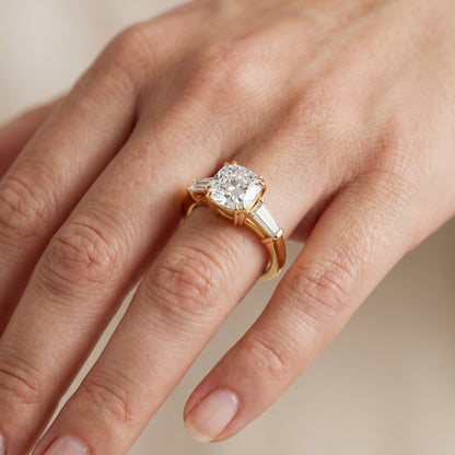 Betsy Baguette Three-Stone Cushion Diamond Engagement Ring in Yellow Gold - lifestyle.jpg