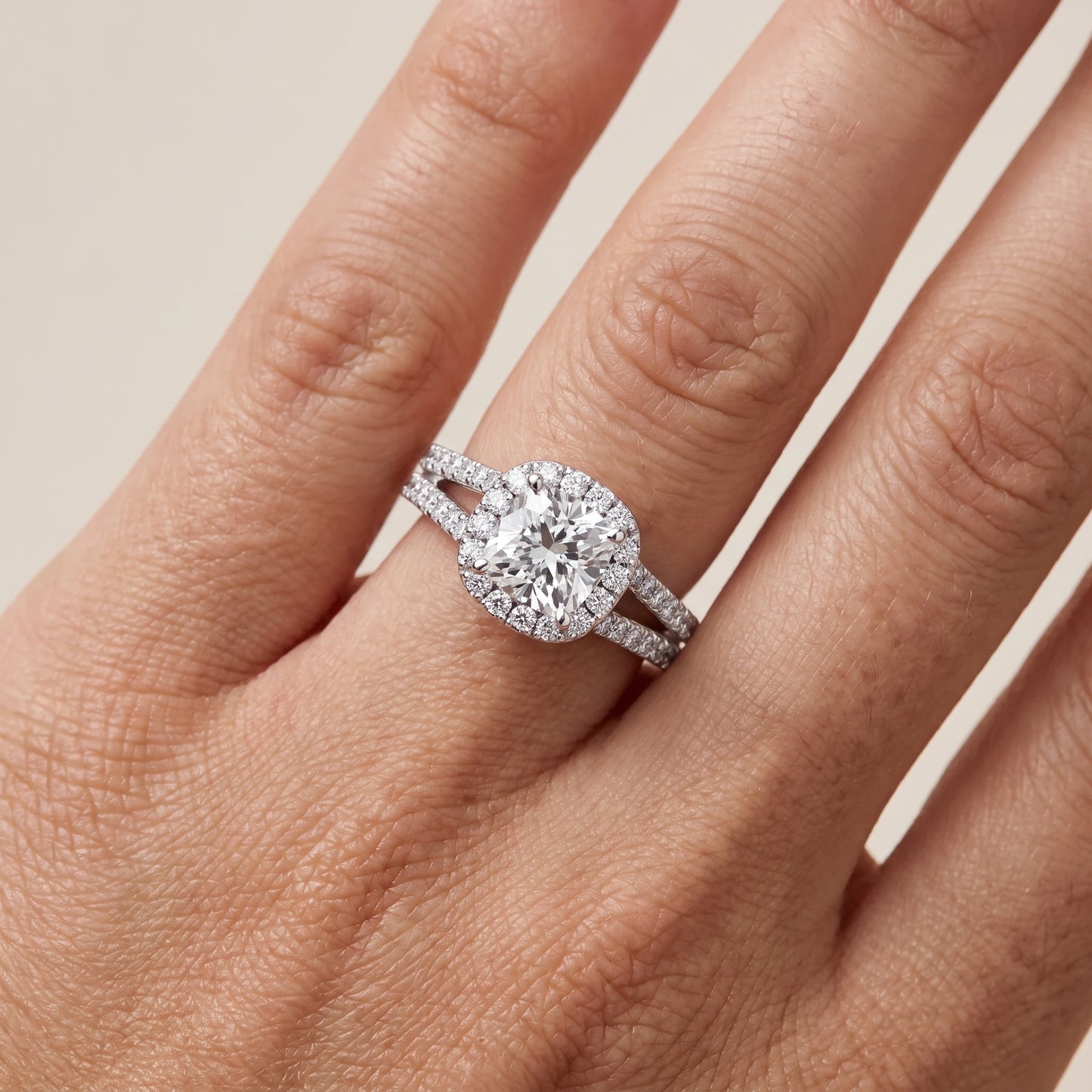Kira Halo Split Shank Cushion Diamond Engagement Ring in Silver - lifestyle.jpg